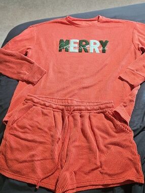 MERRY Christmas Coral Ribbed Loungewear Set - Top & Shorts